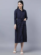 Myshka Women Navy Blue Yellow Printed Shirt Dress | Grocsy