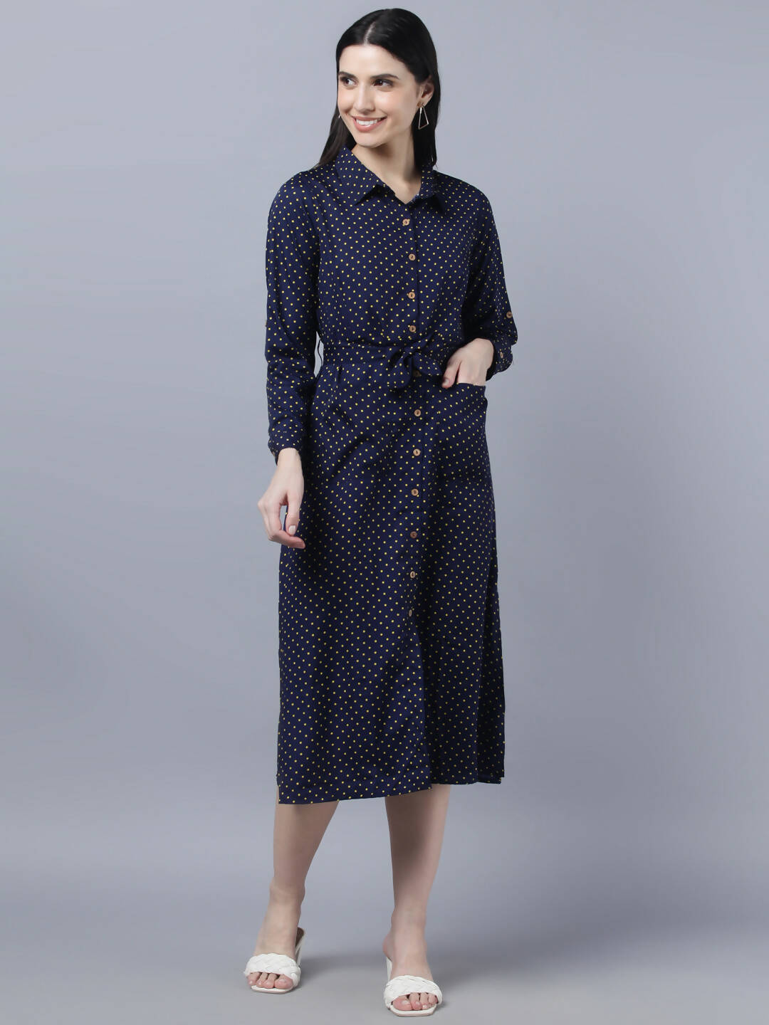 Myshka Women Navy Blue Yellow Printed Shirt Dress | Grocsy