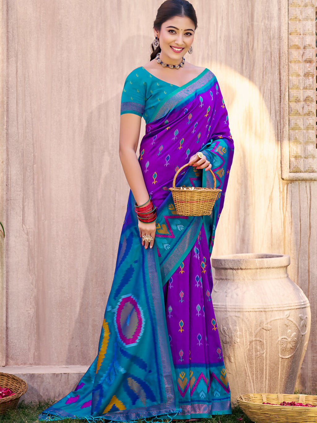 Shree Shyam Fashion Purple Pochampally Silk Saree | Grocsy