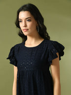 Myshka Women's Navy Blue Embroidered Cotton Round Neck A-Line Party Dress | Grocsy