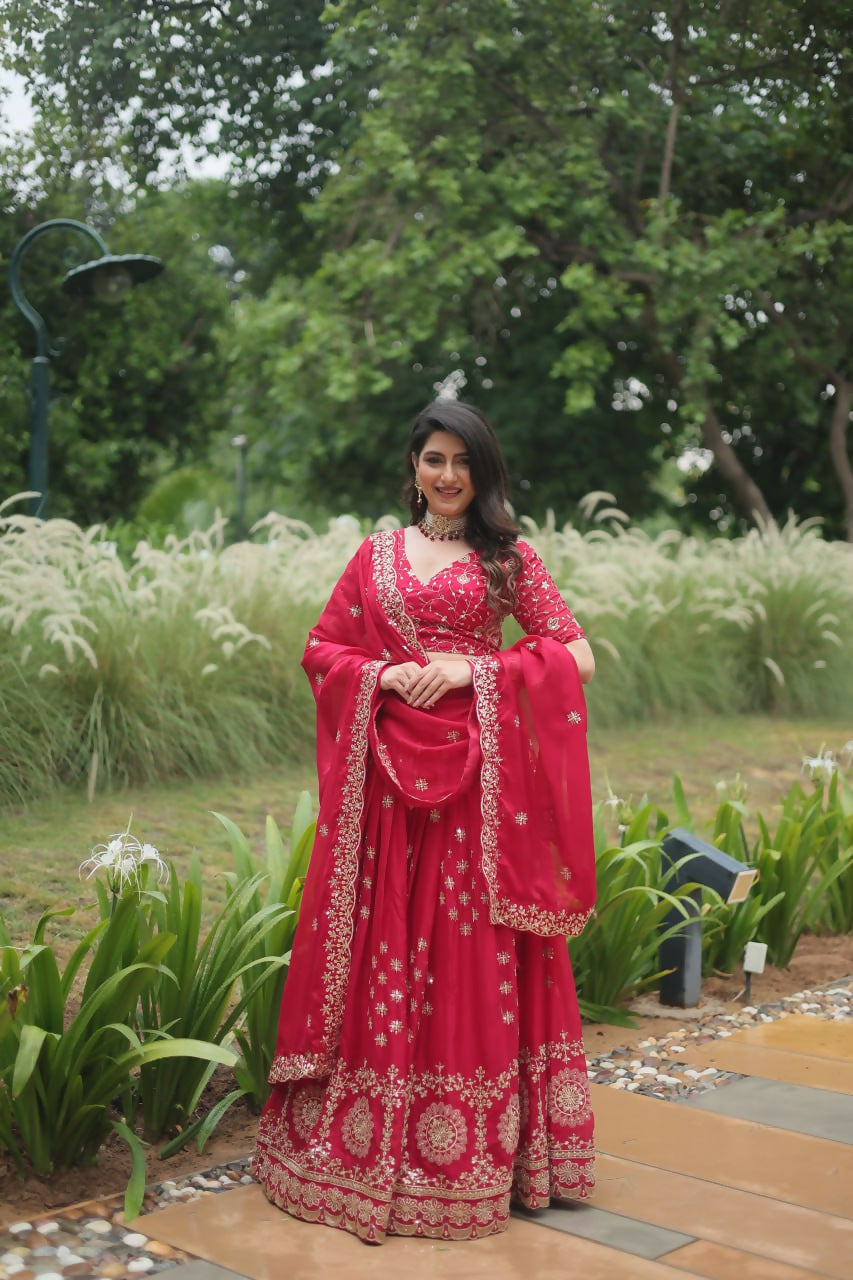 Vastranavya Designer Heavy Sequins & Thread Embroidered work Lehenga Choli - Red | Grocsy
