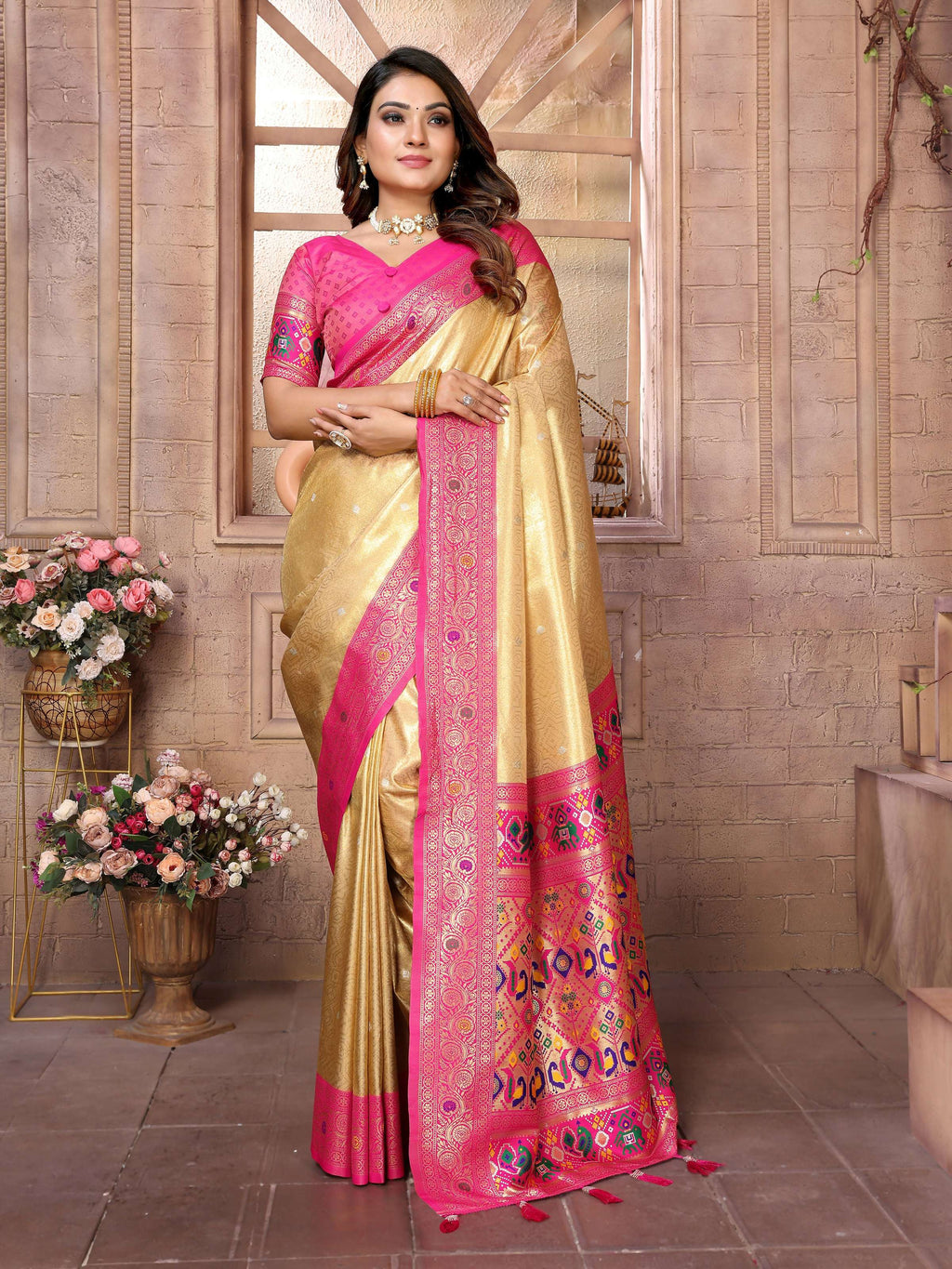 Aastha Fashion Cream Banarasi Tissue Silk Weaving Saree | Grocsy