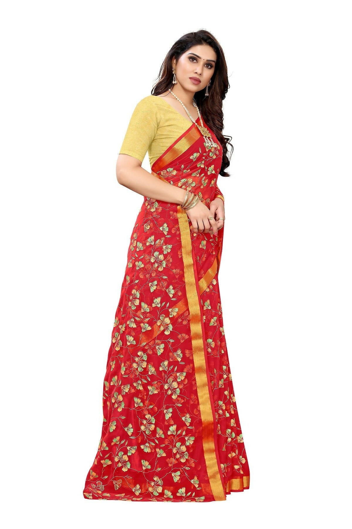 Vamika Red Printed Chiffon Saree (UJALA RED) | Grocsy