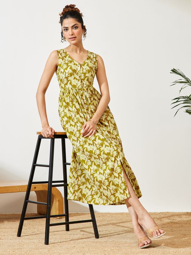 Janasya Olive A-Line Cotton Dress | Grocsy