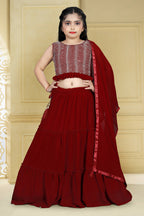 Wedding Designer Maroon Georgette Kidswear Lehenga - Aaradhna | Grocsy