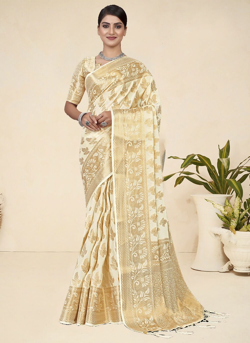 Cream Viscose Weaving Designer Saree - Vandini | Grocsy