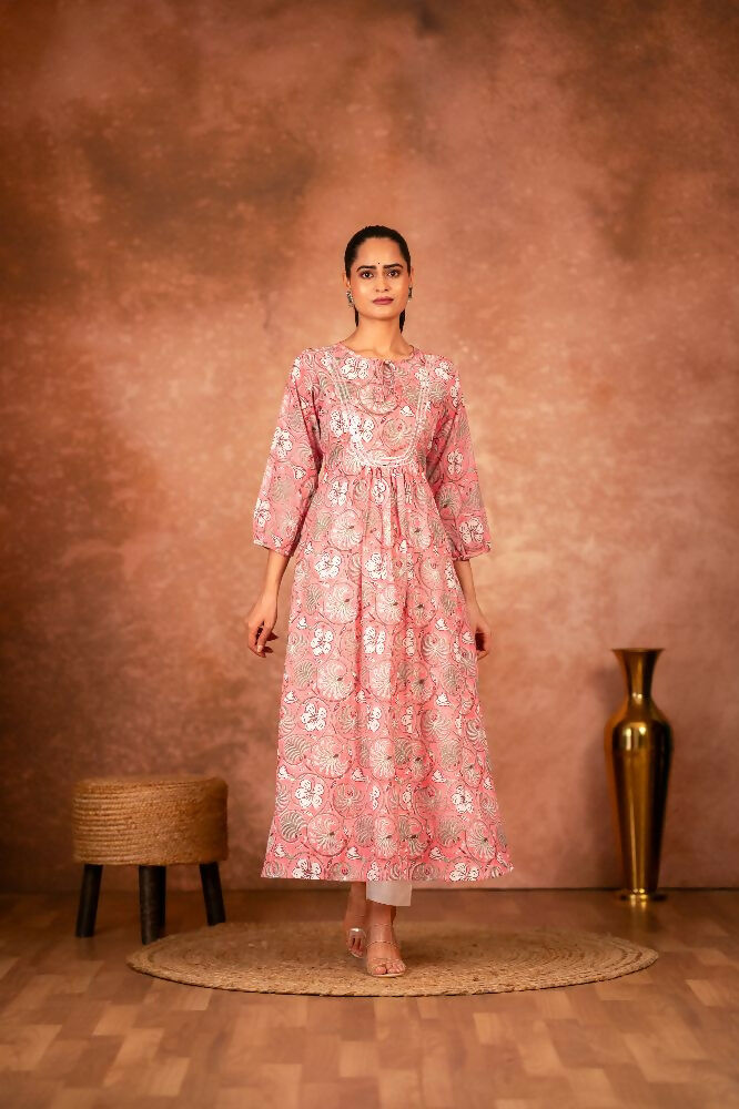 Joban Fashion Pink Floral Hand Block Printed Cotton Kurta Pant Set | Grocsy