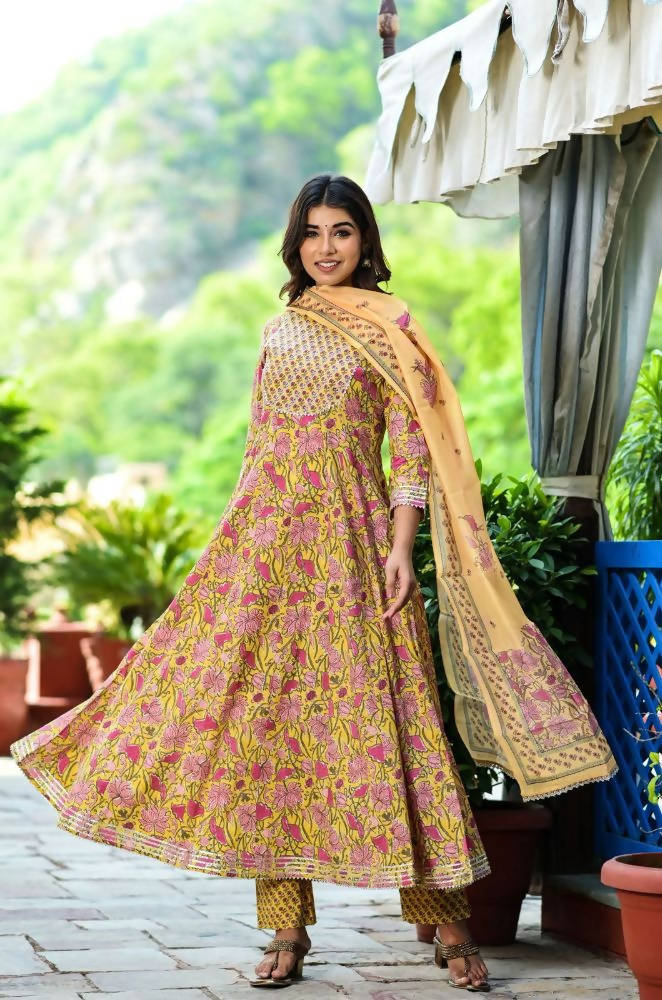 Yufta Women Yellow Floral Printed Pure Cotton Anarkali Kurta with Trouser & With Dupatta | Grocsy