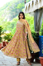Yufta Women Yellow Floral Printed Pure Cotton Anarkali Kurta with Trouser & With Dupatta | Grocsy
