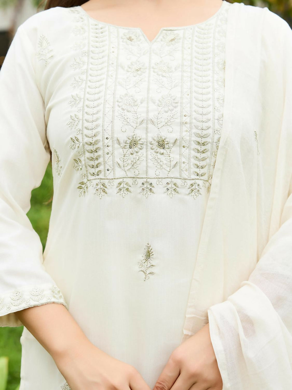 The52 White Women's Beautiful Rayon Slub Fabric Embroidered Work Straight Kurta, Pant and Dupatta Set | Grocsy