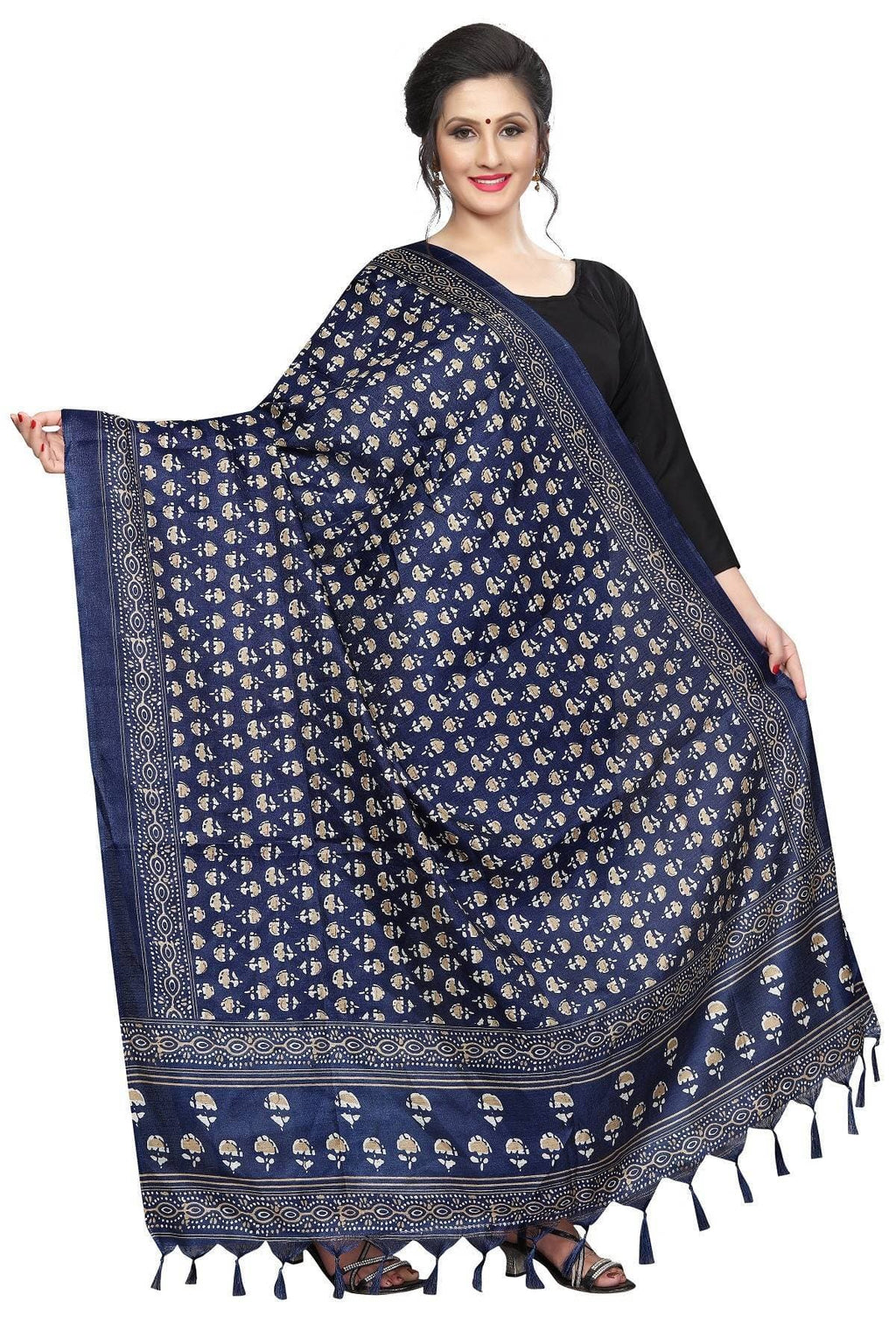 Vamika Navy Blue Printed Khadi Bhagalpuri Latest Dupatta | Grocsy