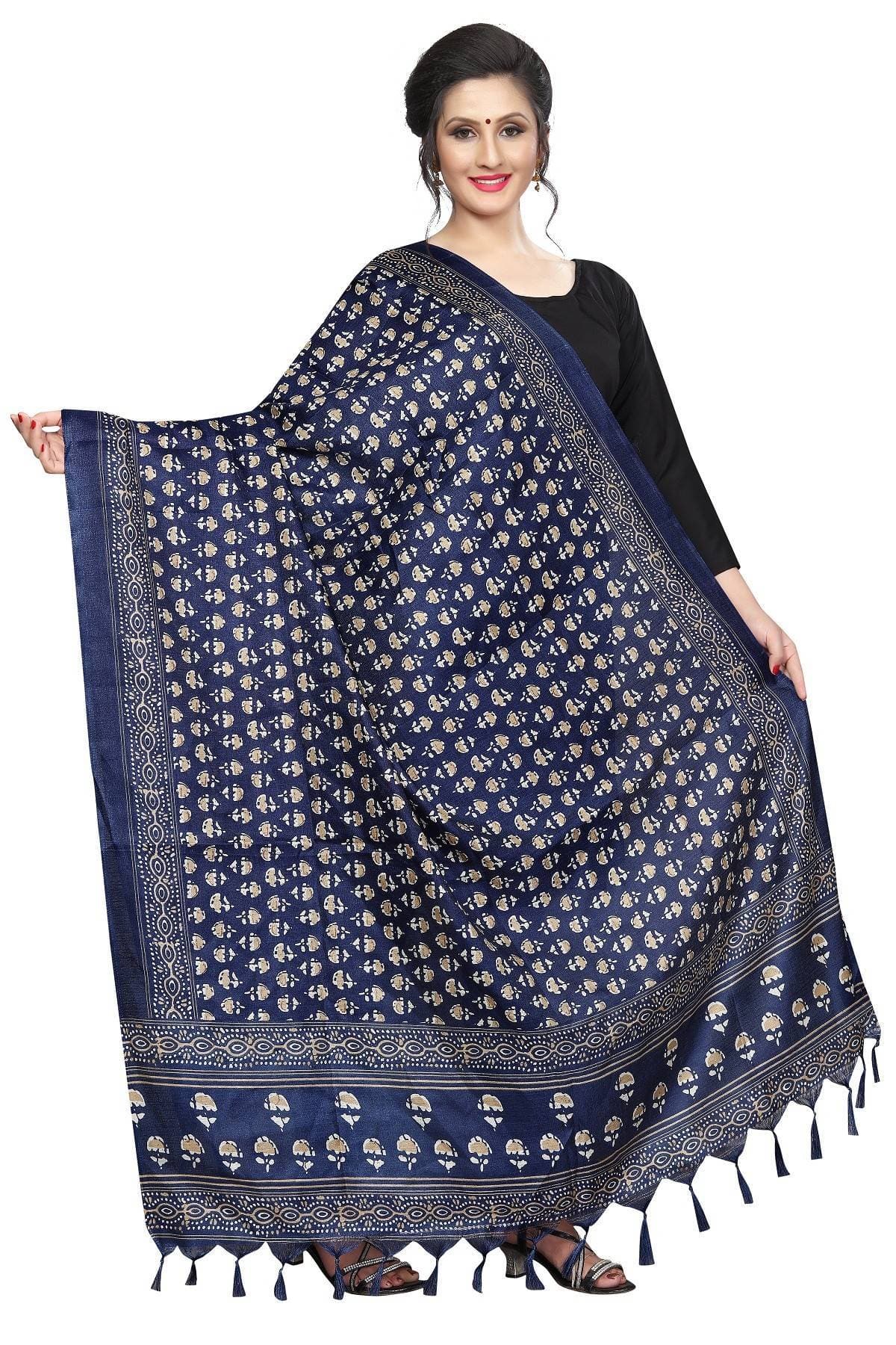 Vamika Navy Blue Printed Khadi Bhagalpuri Latest Dupatta | Grocsy