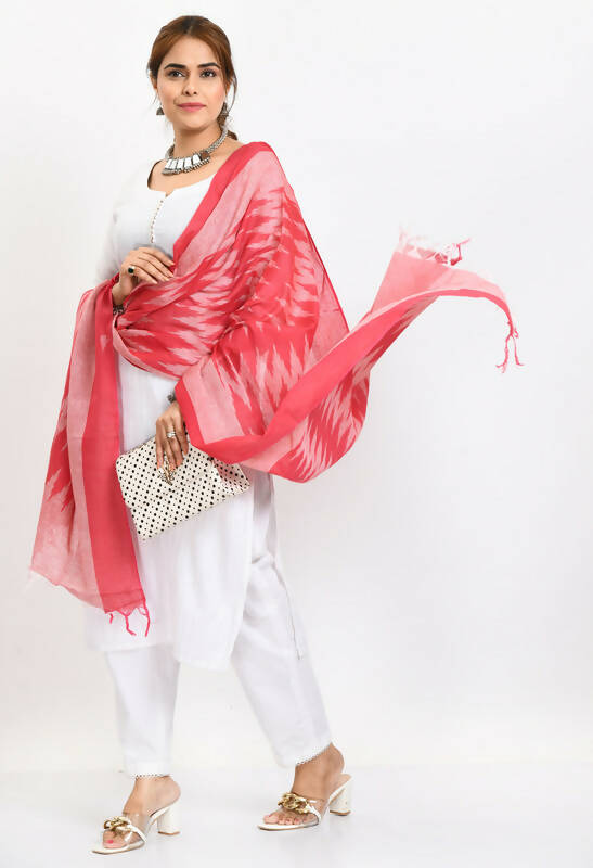 Mominos Fashion Moeza Women's Handloom Cotton Ikkat Pink Dupatta | Grocsy