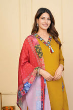 Mustered Viscose Chanderi Embroidered Stitched Suit With Dupatta - Tanisha | Grocsy