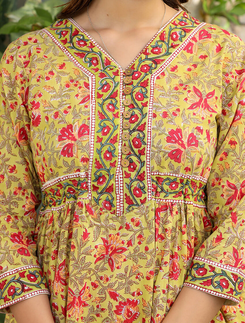 Kaajh Women's Mustard Printed Cotton Handblock Dress | Grocsy