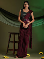 Maroon Imported Fabric Plain Ready to wear Saree with stitched Blouse - Vrinda | Grocsy