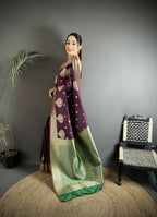 Joban Fashion Purple & Green Woven Butti Soft Silk Banarasi Silk Saree | Grocsy