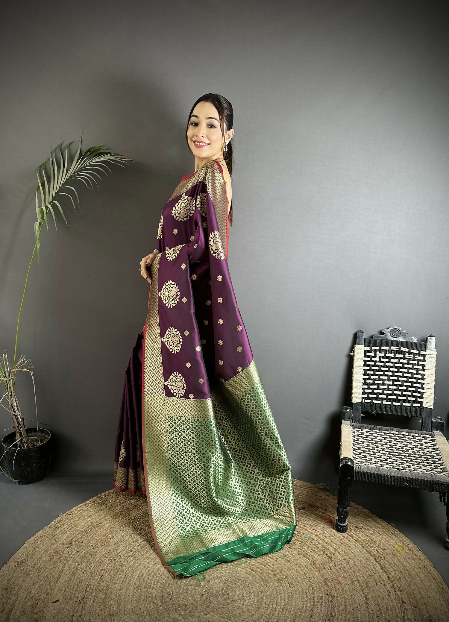 Joban Fashion Purple & Green Woven Butti Soft Silk Banarasi Silk Saree | Grocsy