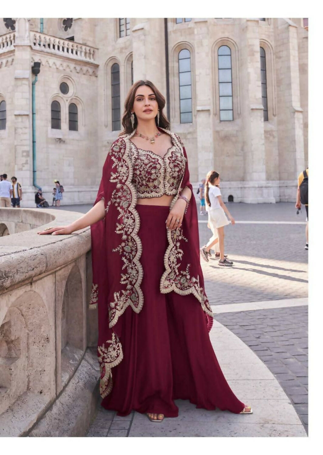 Anaita Red Real Premium Silk Stitched Shrug Suit with Embroidery Work | Grocsy