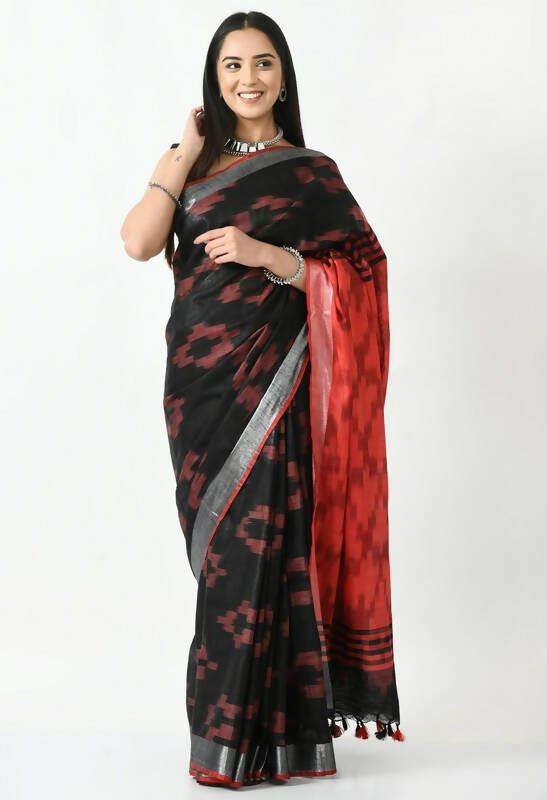 Mominos Fashion Moeza Black & Red Bhagalpuri Handloom Ikat Pure Cotton Saree with unstitched Blouse piece | Grocsy