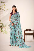 Vastranavya Sea Green Lurex Brasso Floral Printed Saree with Unstitched Blouse | Grocsy