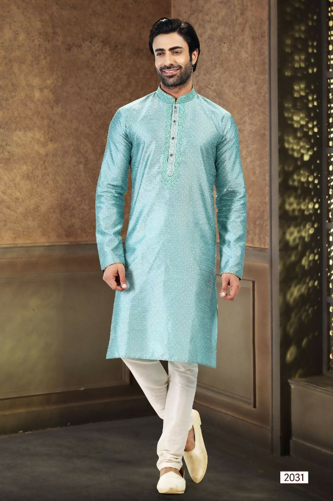 Raivat Ethnic Jacquard Banarasi Silk Thread Work Kurta Pajama In Sky Blue Colour | Grocsy