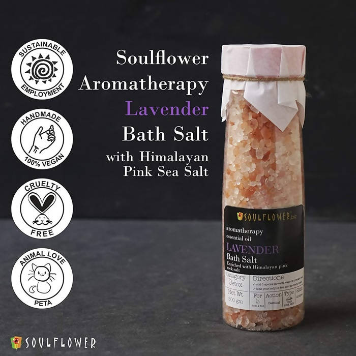 Soulflower Aromatherapy Essential Oil Lavender Bath Salt Enriched With Himalayan Pink Rock Salt | Grocsy