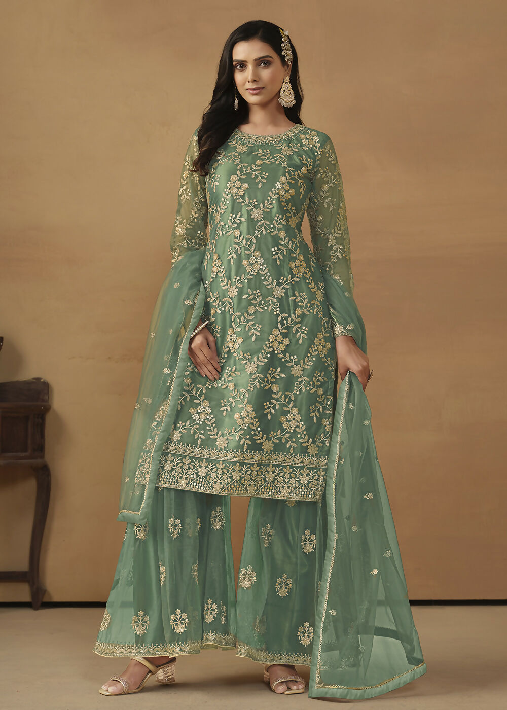 Sea Green Net Embroidered Wedding Festive Gharara Suit - Emponline | Grocsy