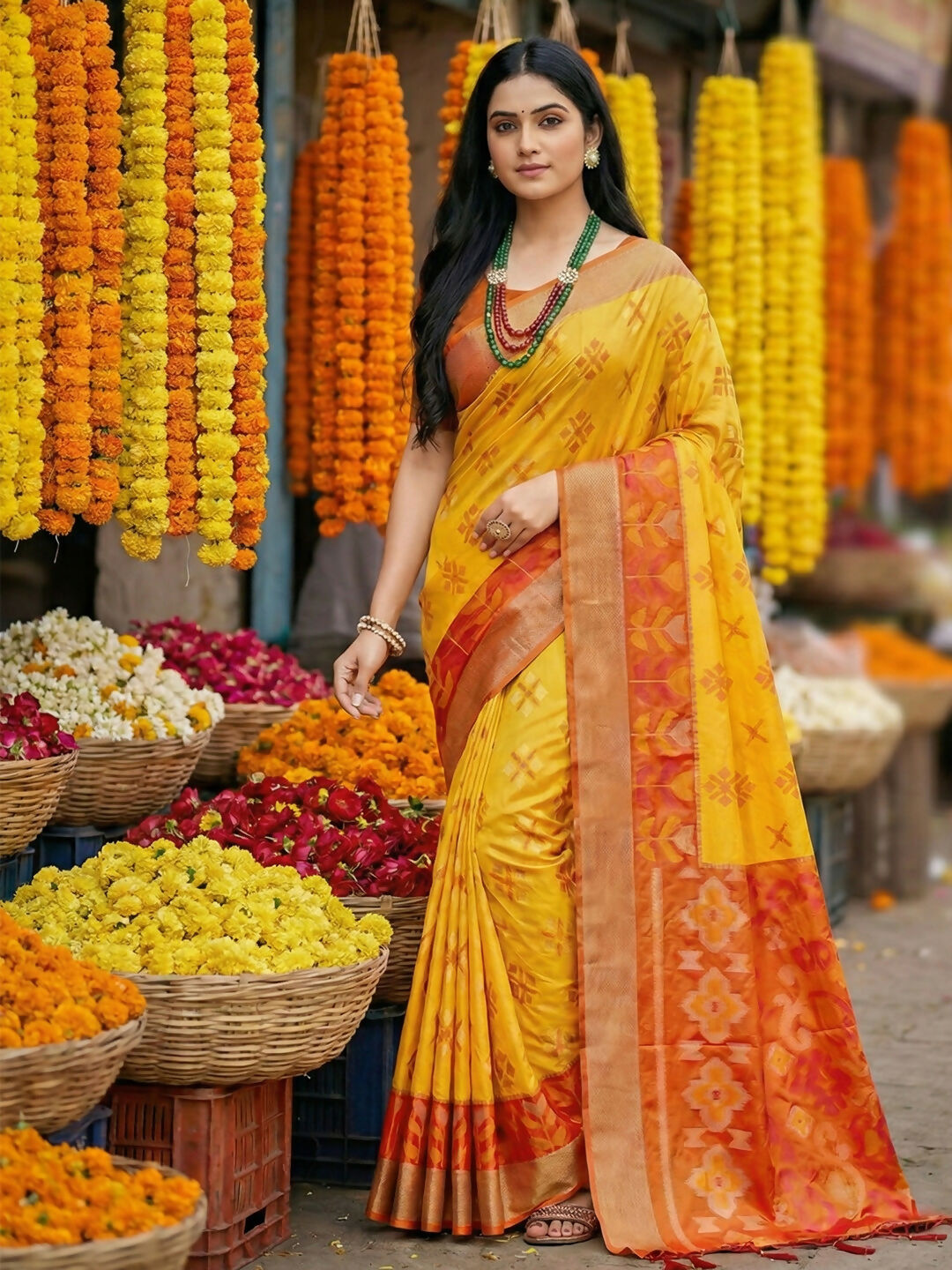 Shree Shyam Fashion Yellow Pochampally Silk Saree | Grocsy