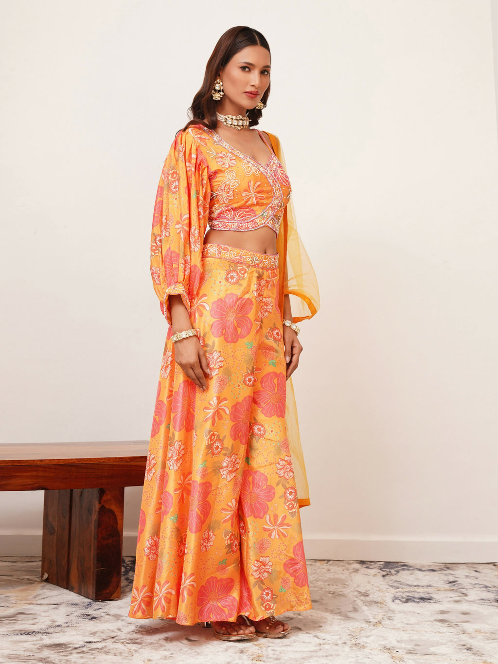 Orange Digital Chinon Handwork Top with Palazzo & Dupatta - Naomika | Grocsy