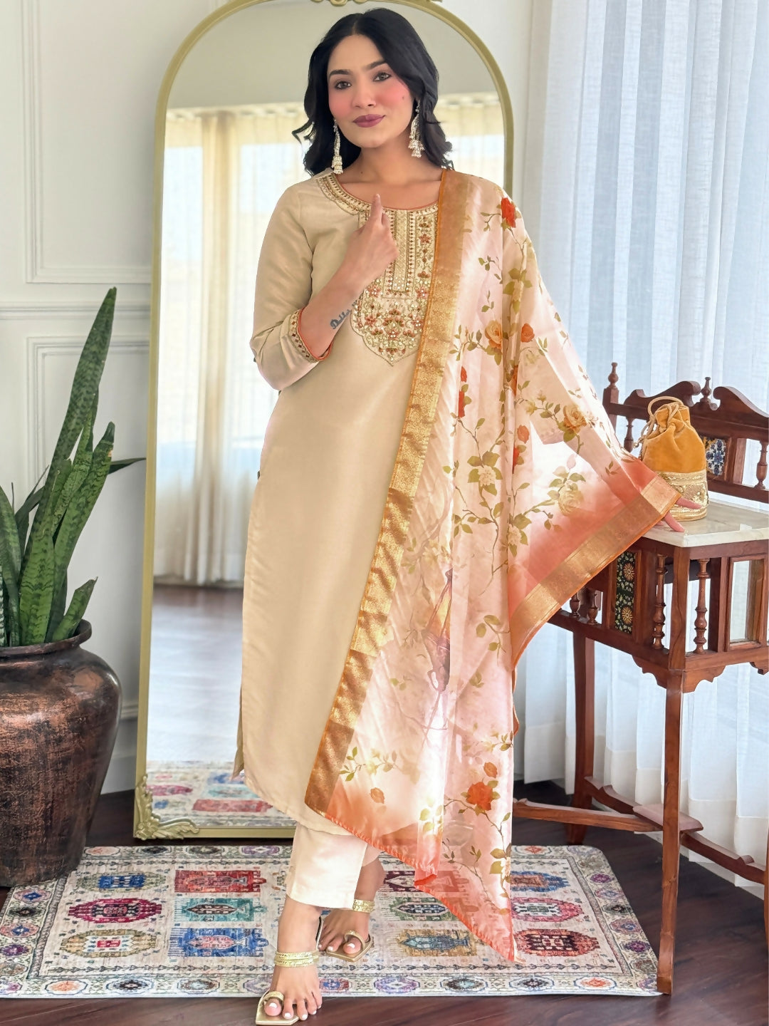 The52 Chiku Women's Beautiful Rayon Fabric Embroidered Work Straight Kurta Pant and Dupatta Set | Grocsy