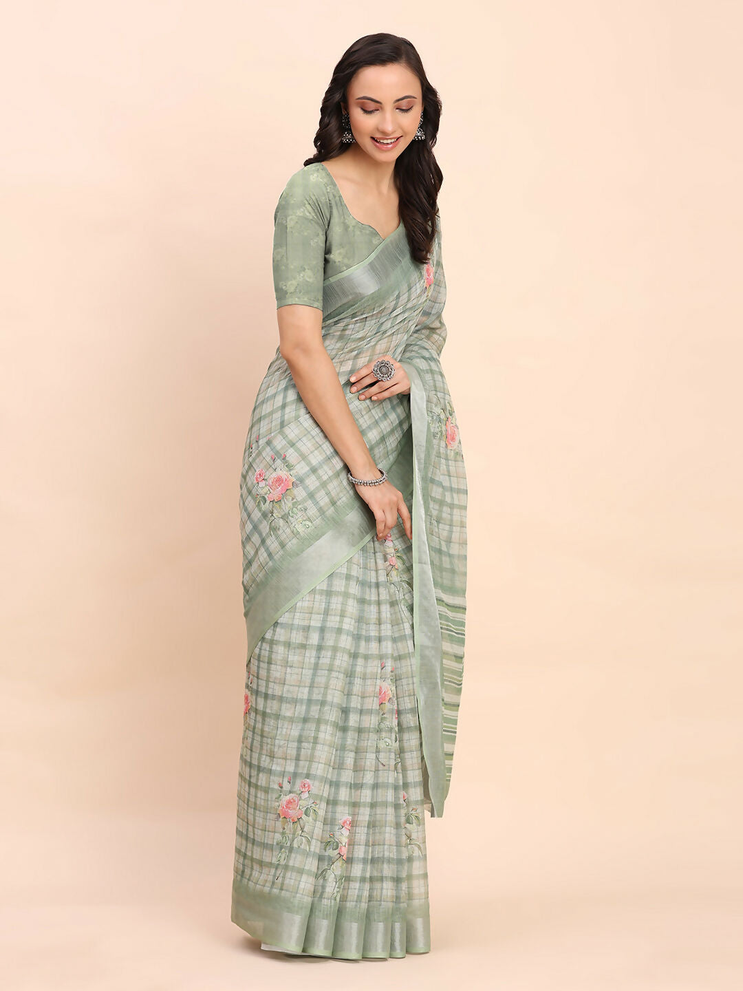 Shree Shyam Fashion Linen Cotton Light Green Saree | Grocsy