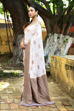 Joban Fashion Ivory Crepe Chiffon Pure Handloom Banarasi Silk Saree | Grocsy