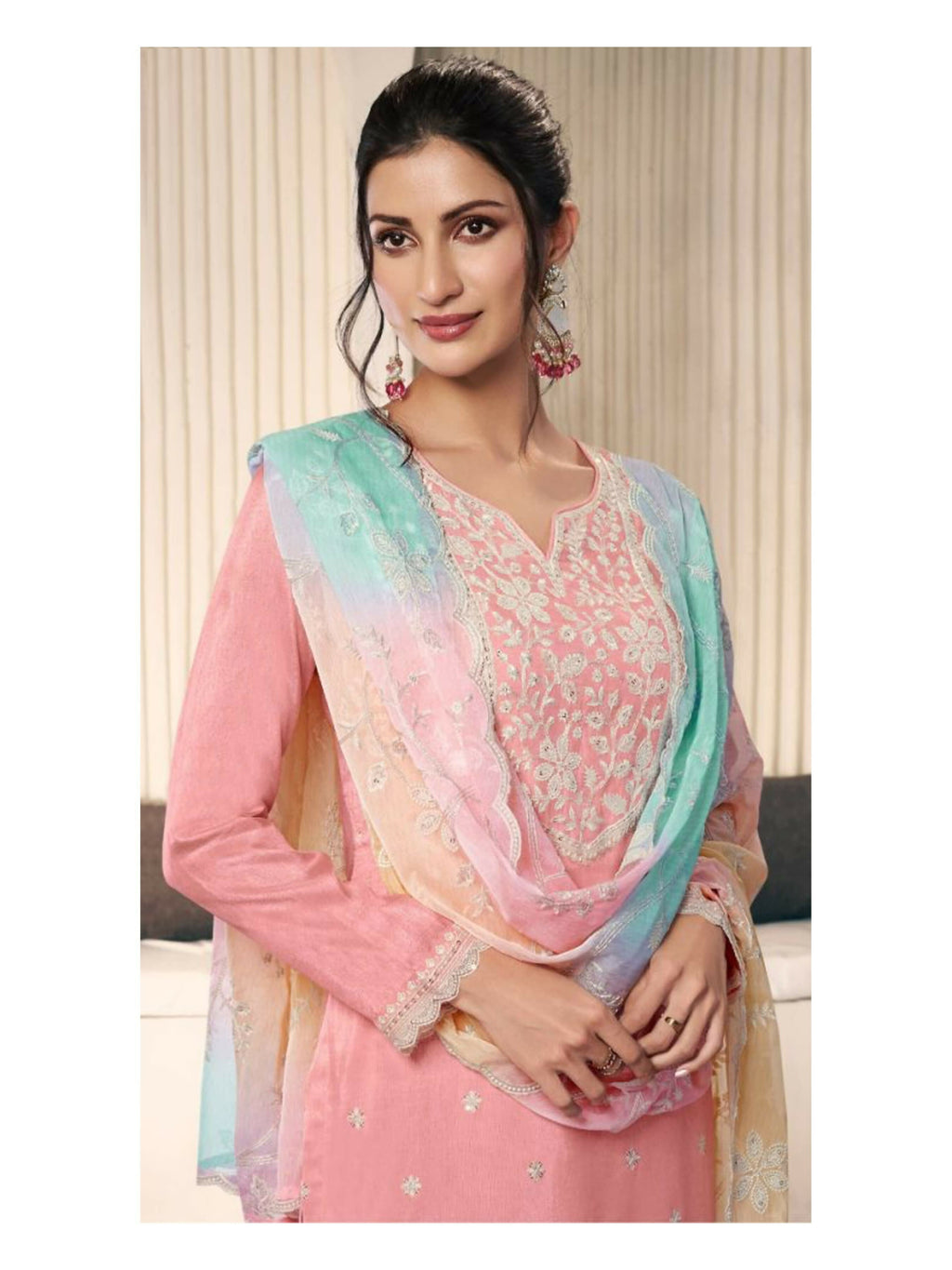 Anaita Peach Moonga Silk Stitched Suit with Embroidery Sequence Work | Grocsy