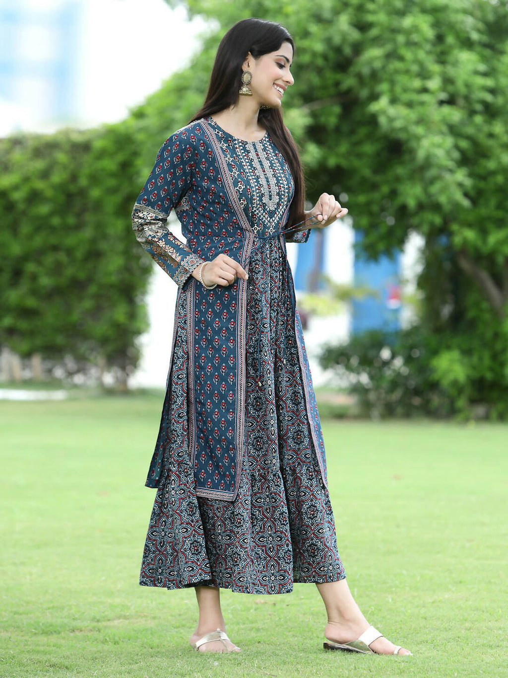 Juniper Women Teal Chanderi Festive Printed Tiered Kurta | Grocsy