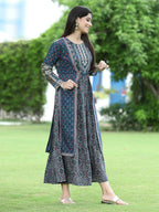 Juniper Women Teal Chanderi Festive Printed Tiered Kurta | Grocsy