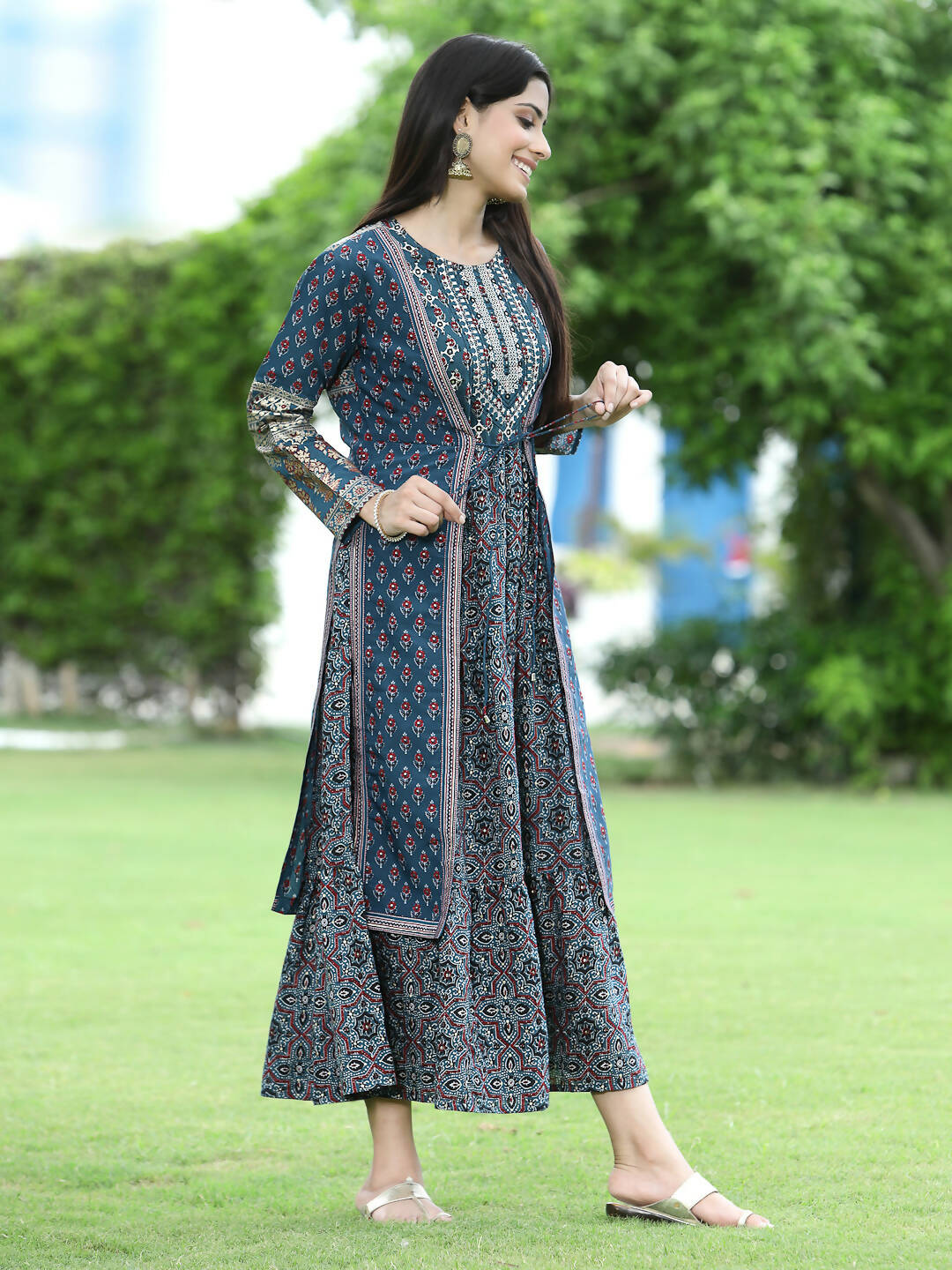 Juniper Women Teal Chanderi Festive Printed Tiered Kurta | Grocsy