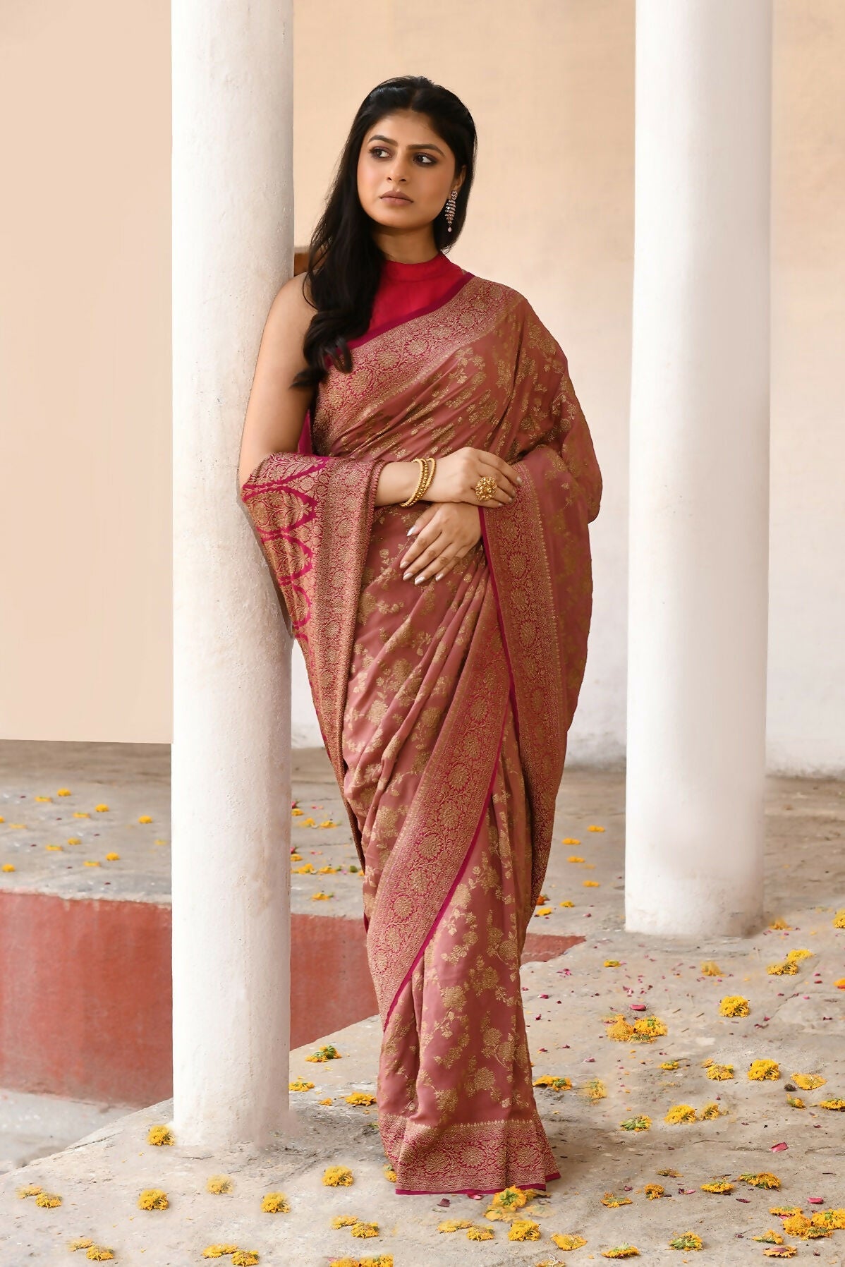 Joban Fashion Rouge Pink Crepe Chiffon Pure Handloom Banarasi Silk Saree | Grocsy