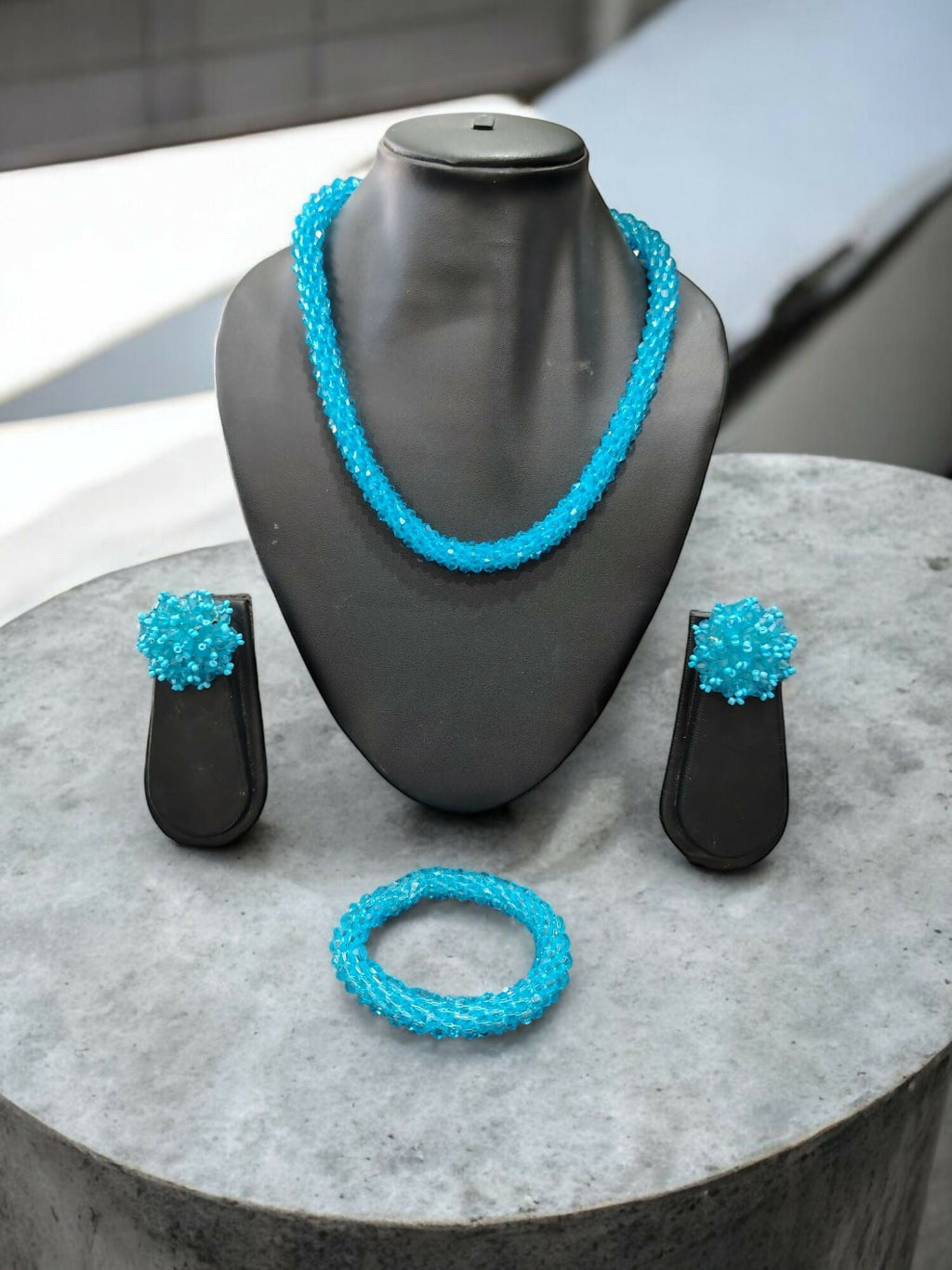 Inhanns Complete Look Crystal Statement 3-Piece Set (Adjustable Necklace + Earrings + Adjustable Bangle ) - Sky Blue | Grocsy