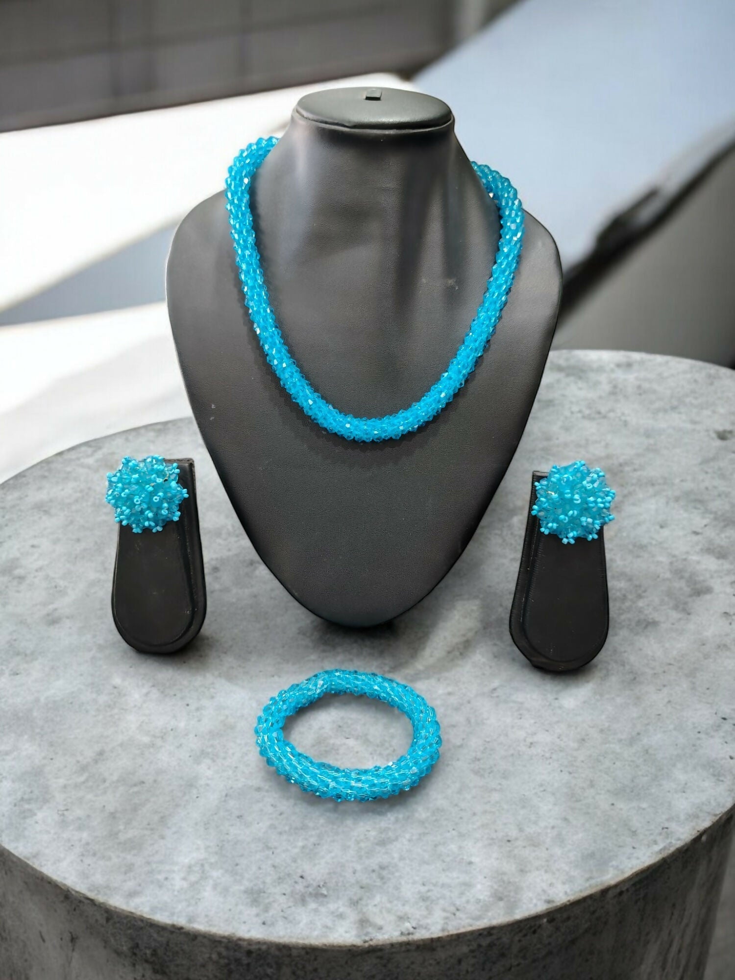 Inhanns Complete Look Crystal Statement 3-Piece Set (Adjustable Necklace + Earrings + Adjustable Bangle ) - Sky Blue | Grocsy