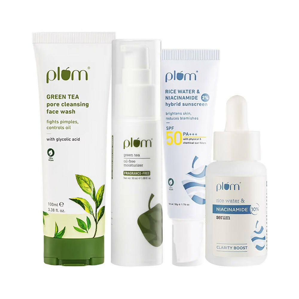 Plum Clear Skin CSMS (Cleanser, Serum, Moisturizer, Sunscreen) Combo With Green Tea & Niacinamide | Grocsy