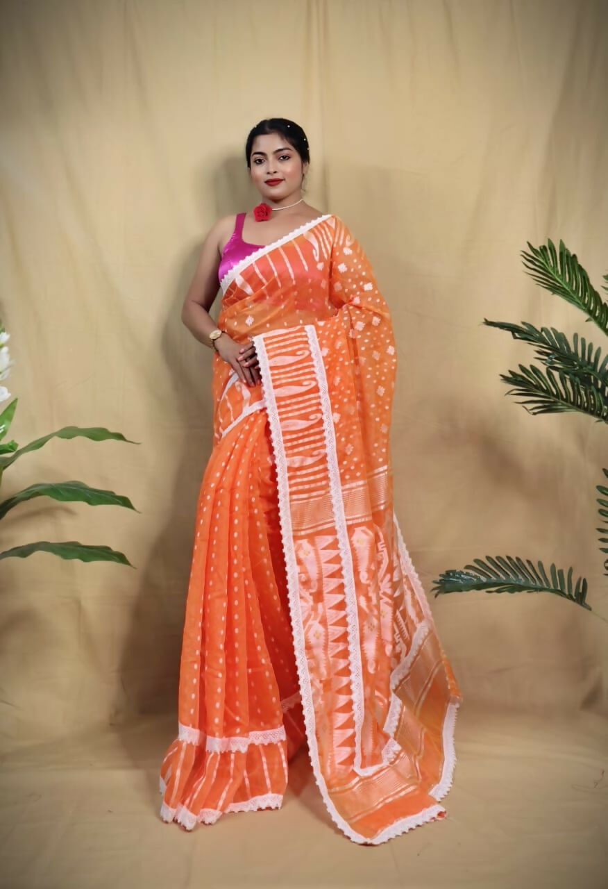 Exclusive Collection Beautiful Orange Jaal Jamdani Saree | Grocsy