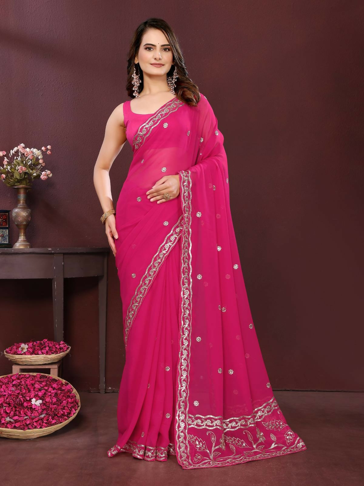 Ai Fashion Pink Soft Georgette Embroidery Party Wear Saree | Grocsy
