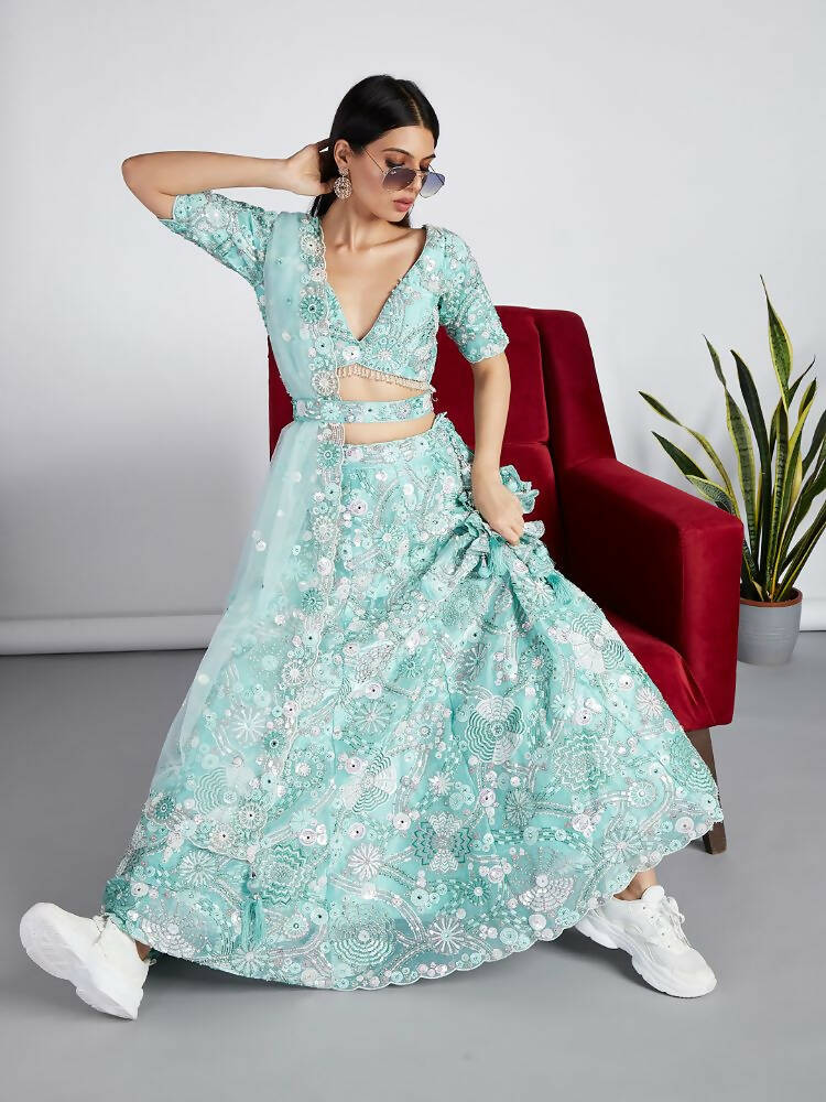 House of Panchhi Turquoise Blue Organza Sequins, Zarkan And Thread Embroidery Lehenga Choli & Dupatta | Grocsy