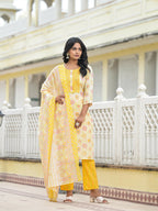 Juniper Women's Yellow Floral Printed Cotton Kurta Pant With Dupatta Set With Sequins & Thread Work | Grocsy