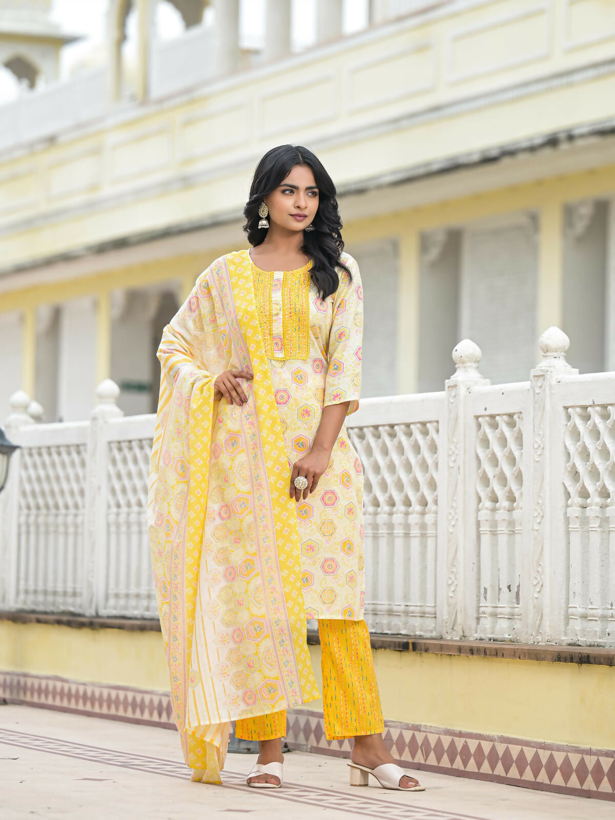 Juniper Women's Yellow Floral Printed Cotton Kurta Pant With Dupatta Set With Sequins & Thread Work | Grocsy
