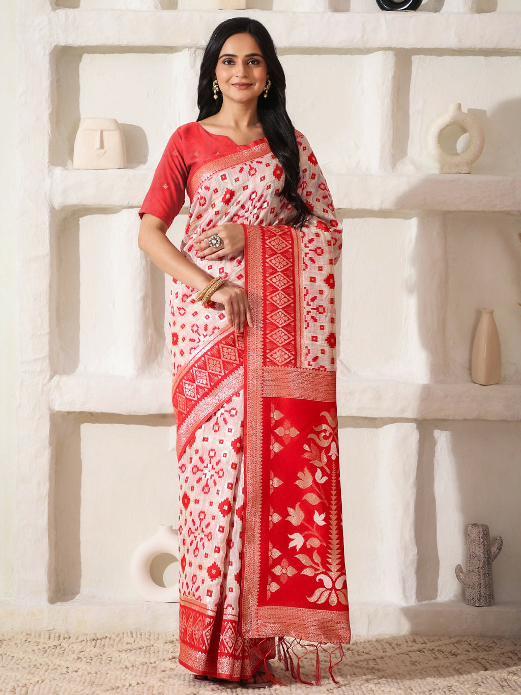 Shree Shyam Fashion Linen Cotton Red & White Saree | Grocsy
