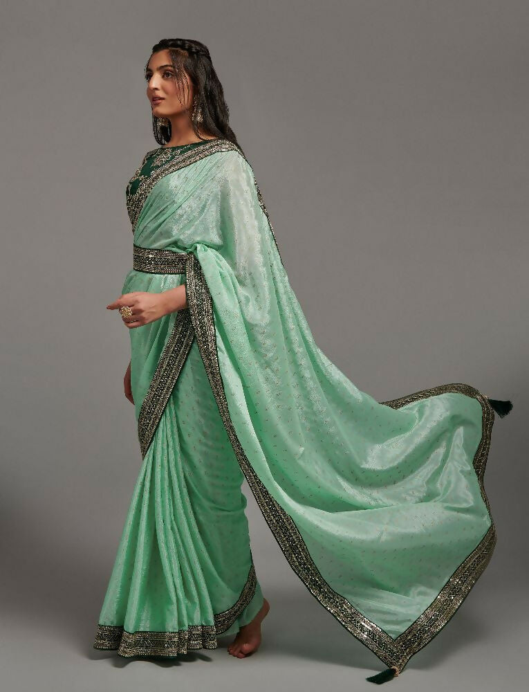 PR Fashion Pista Chinon Embroidery Lace Saree | Grocsy