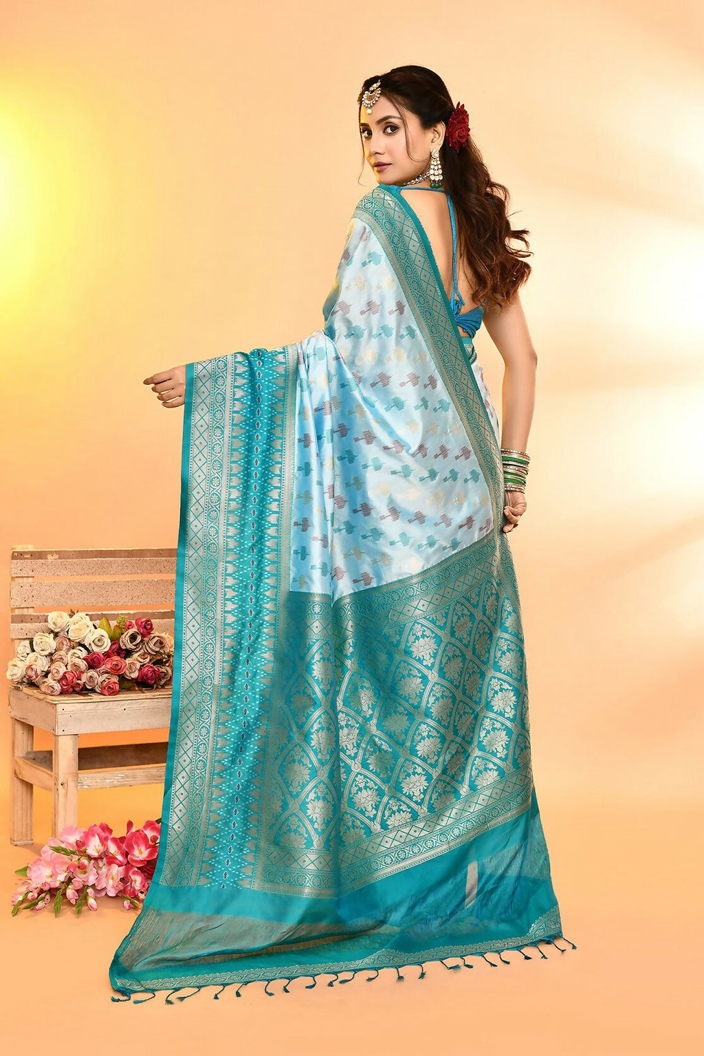 Joban Fashion Sky Blue & Rama Plain With Weaving Border Banarasi Silk Sarees | Grocsy