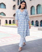 Aayaa Pure Muslin printed Kurti & Pant - Sky blue | Grocsy